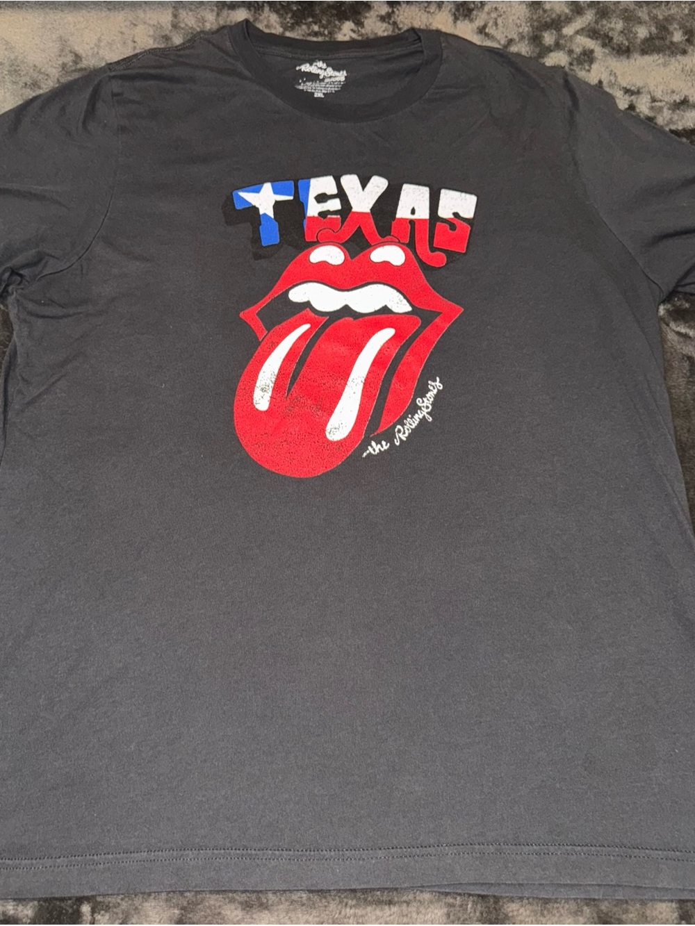 The Rolling Stones Black Tee with Red & White Tongue Texas Graphic